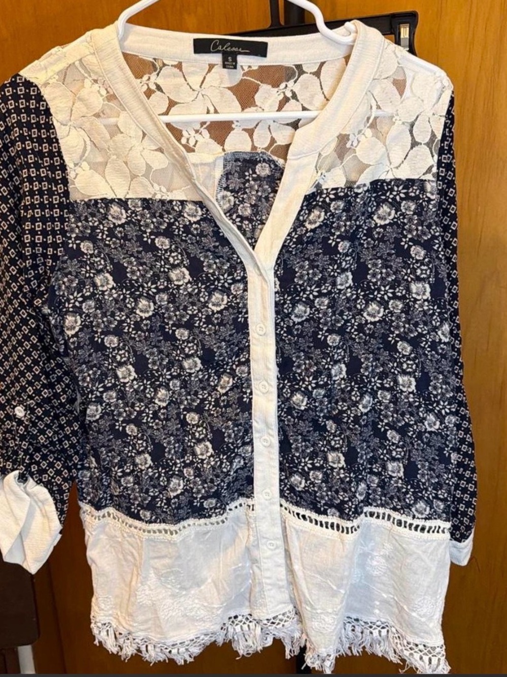 CALE Navy & White Mixed-Print Lace Trim Button-Front Top